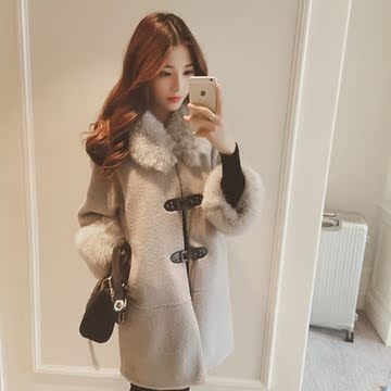 2015冬季新款韩版羊羔毛拼接毛领单排扣修身中长款保暖毛呢外套女