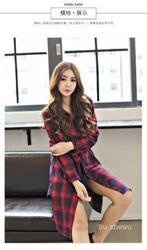 布着屋2015春秋新品韩版女装宽松中长款衬衣显瘦格子衬衫连衣裙女