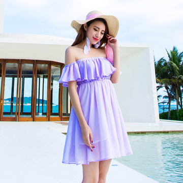 2015夏韩国修身显瘦抹胸雪纺连衣裙波西米亚海边度假沙滩裙短大码