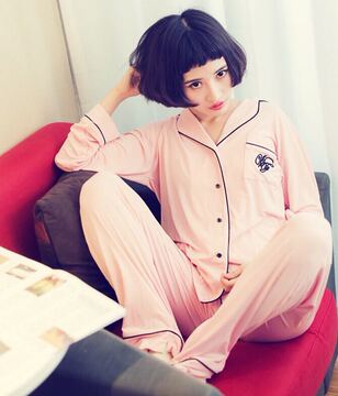 韩国pink春秋季莫代尔长袖性感睡衣纯棉V领时尚套装家居服