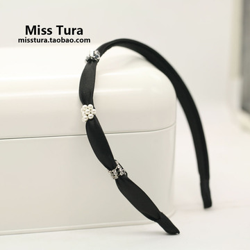 Miss Tura韩国简约气质头箍黑色酒红色缎面珍珠亮钻串珠细发箍