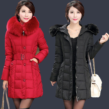2015冬季新款女装羽绒棉服棉衣外套中年女士中长款韩版修身大毛领