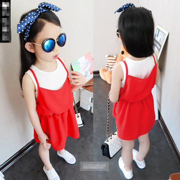 童装2015夏装韩版女童无袖连衣裙假两件短款雪纺吊带裙背心裙