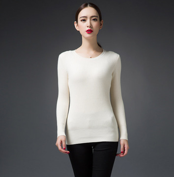 2015秋冬女士圆领长袖纯色套头加厚螺纹羊绒羊毛衫打底毛衣针织衫