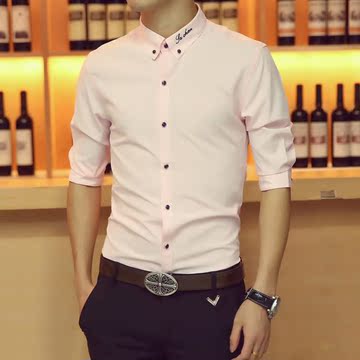 夏季韩版修身男短袖衬衫商务休闲纯色发型师五分袖中袖半袖衬衣男