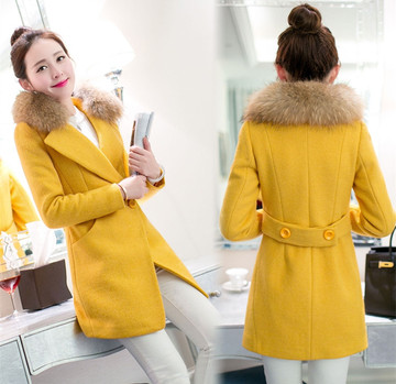 2015冬装新款韩版毛领毛呢外套加厚中长款修身羊毛呢子大衣女装