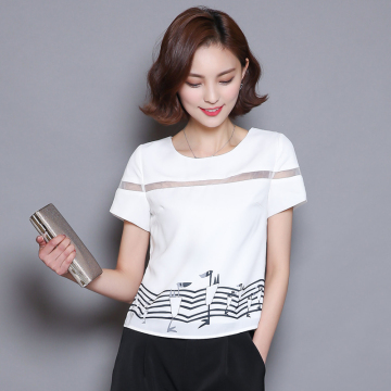 2016夏季新款韩版时尚宽松雪纺衫女短款白色上衣拼接短袖印花小衫