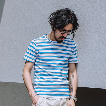 2016夏季男士青年海洋风蓝白条纹竹节棉休闲T恤 纯棉宽条纹短袖衫
