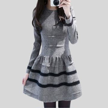 2015秋冬新款韩版女装修身显瘦大码圆领打底裙子长袖大摆女连衣裙