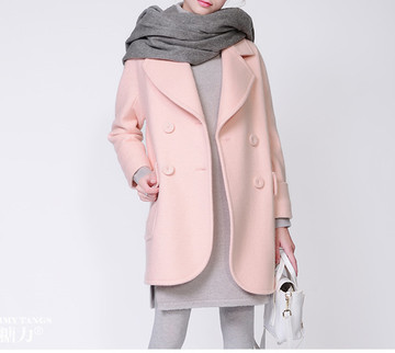2015糖力冬装新款欧洲站粉色西装领圆摆中长款羊毛呢子大衣外套女