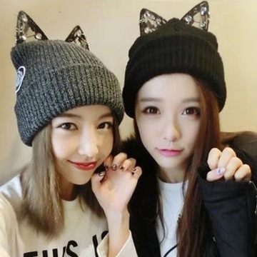 15韩国毛线帽子女冬季可爱纯手工猫耳朵毛线帽保暖套头帽女士帽子