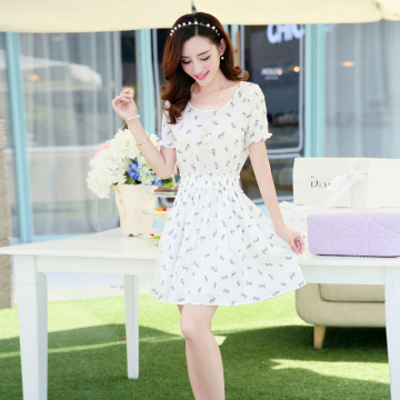 2014夏季新款韩版修身收腰显瘦女装圆领小清新中裙短袖套头连衣裙