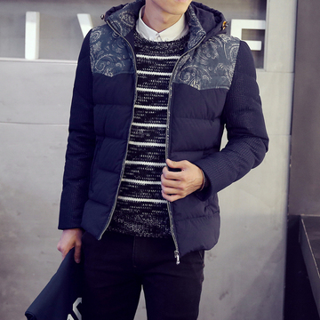 2015新款男装连帽不可卸韩版休闲时尚拼接羽绒服冬季保温青春外套