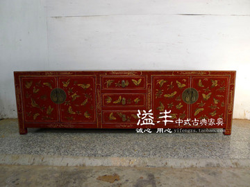 新中式仿古漆器家具实木彩绘榆木蝴蝶储物电视柜复古手绘落地矮柜