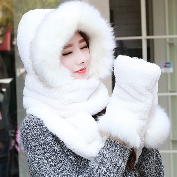 秋冬女保暖帽子围巾手套三件套韩版带毛毛帽子手套多件套三件一体