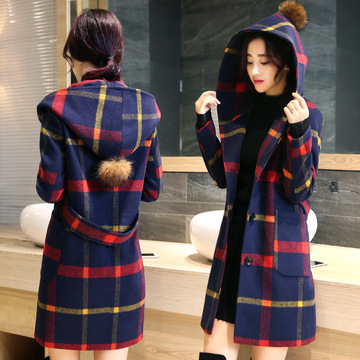 2016秋冬季新款韩版女装长袖格子毛呢外套时尚中长款连帽呢子大衣