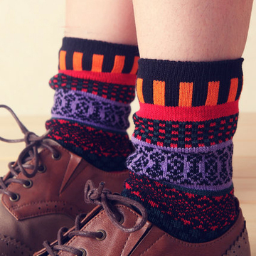 秋冬季复古民族风粗线全棉女款堆堆袜中筒短靴森系女士潮流堆堆袜
