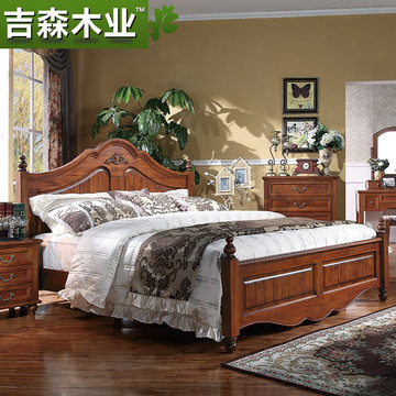 吉森木业 美式乡村家具 复古雕花高箱全实木床欧式1.5米1.8美式床
