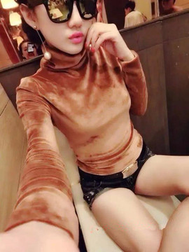打底衫女 冬2015韩版新款修身保暖厚高领套头丝绒打底衫长袖t恤女