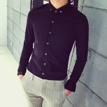 秋季男士长袖衬衫 韩版修身时尚男衬衣英伦潮流青年免烫纯色衬衫
