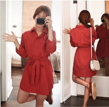 时光/情话° 2015新款复古红色翻领收腰系带衬衫式连衣裙外套