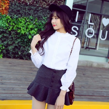 韩国代购2015女装小清新宽松显瘦纯色百褶立领百搭长袖衬衣衬衫白