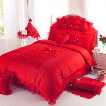 大红纯棉韩版四件套 全棉被套夹棉床裙 公主风蕾丝花边 床品包邮