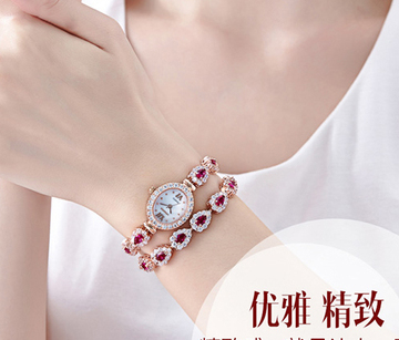 女士手表珠宝手链红宝石钻石手表优雅高贵长链条玫瑰金防水女手表