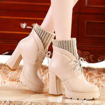 莫蕾蔻蕾冬短靴加绒毛保暖棉靴针织羊毛线口女靴粗跟高跟鞋8873-2