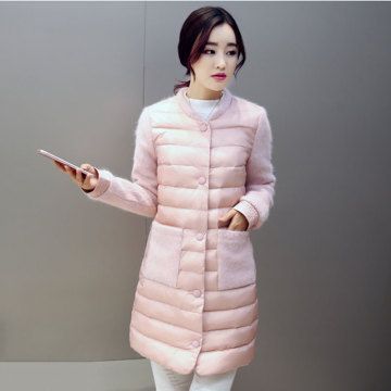 欧洲站立领棉服外套女2015冬新款韩版显瘦中长款长袖拼接羽绒棉衣