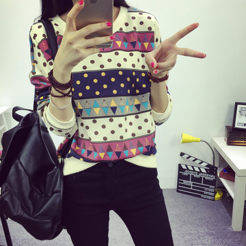2015秋冬新品 韩版 宽松大码T恤女衫蝙蝠袖上衣 潮流气质图案女装