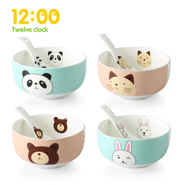 韩式卡通可爱饭碗 陶瓷创意家用儿童甜品米饭小碗餐具套装4碗4勺