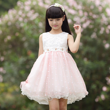 米迪童2015夏季新款童装连衣裙女童夏季9-12岁粉色网纱蕾丝公主裙