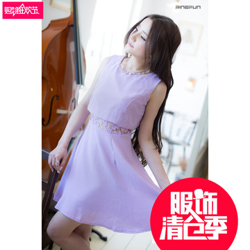 【特价】RINAFUN明星定制款 假两件蕾丝裙 雪纺紫色连衣裙13006