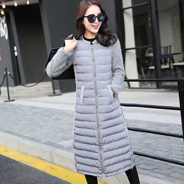 2015冬季新款韩版修身显瘦长款过膝圆领貂绒袖拼接棉衣外套女装潮