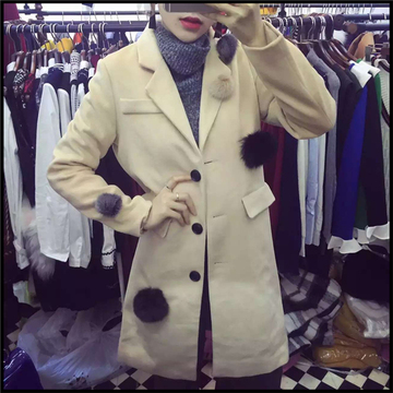 DAVIDA外套2015女秋冬新款韩国正品个性小绒毛球修身中长毛呢外套