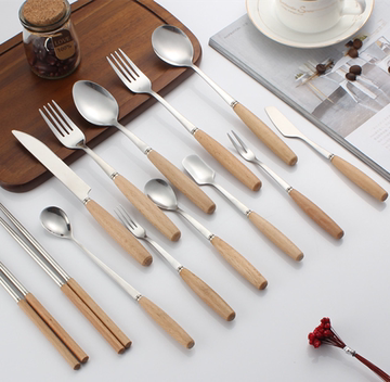 日式木柄不锈钢餐具刀叉勺套装西餐刀叉勺水果叉果酱 甜品勺刀