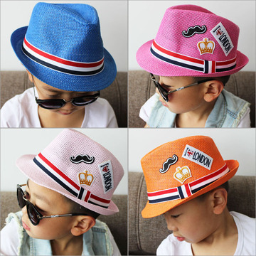 韩版儿童草帽夏季男童女童遮阳帽胡须贴布卡通爵士帽礼帽沙滩帽子