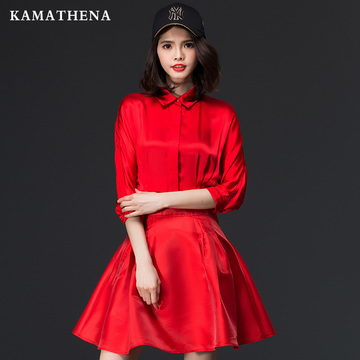 kamathena2016春装新款女时尚翻领红色七分袖公主裙蓬蓬裙A字裙潮