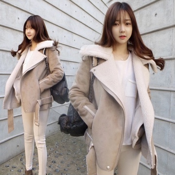 韩国秋冬新款韩版修身中长款加厚羊羔毛麂皮大衣大翻领羊毛呢外套