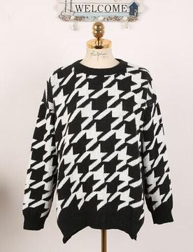 2015韩国秋装新款时尚休闲气质加厚提花千鸟格套头针织毛衣女