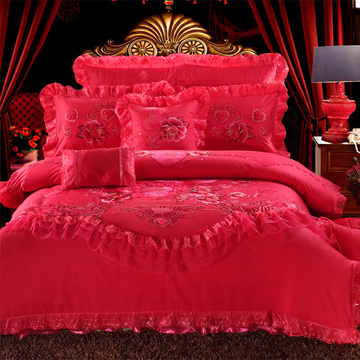 欧美全棉婚庆四件套大红色结婚床上用品床单被罩新婚床品