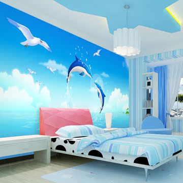 海豚3d立体大型壁画 无缝卡通客厅沙发儿童房背景墙纸电视背景壁