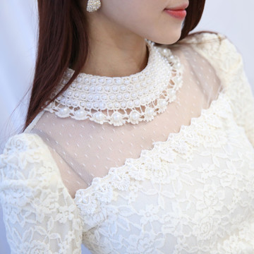 女式大码女装韩版长袖t恤修身冬加绒加厚保暖短款上衣高领蕾丝衫