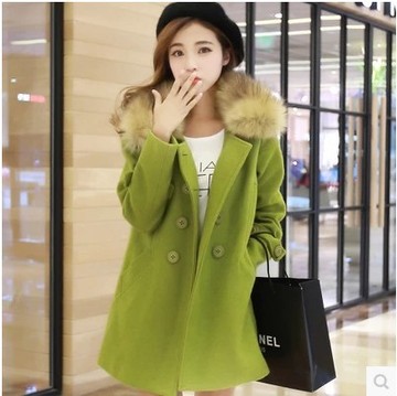 2015秋冬新款女装韩版中长款双排扣呢子大衣真毛领斗篷型毛呢外套