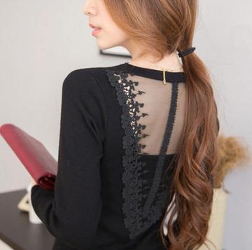 2015新款 韩版 后背蕾丝镂空钩花 修身连衣裙 长袖打底衫