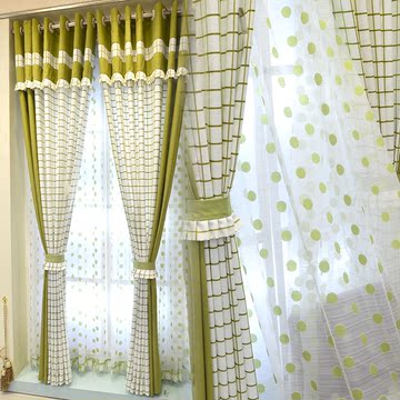 墨美居高档加厚亚麻环保窗帘绿格子拼接客厅卧室纯白绿点纱