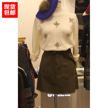韩国东大门纯色长袖套头针织毛衣女修身短款钉珠打底衫2015秋冬新