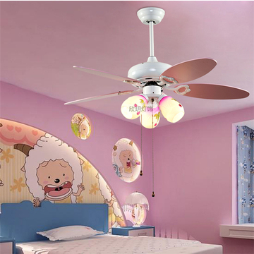 儿童吊扇灯42寸木叶电风扇灯led简约现代卧室客厅风扇灯粉色彩色