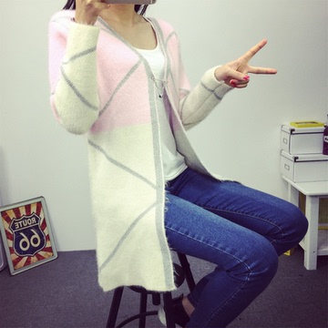 2015秋新款韩版海马毛女装开衫中长款女拼接方格毛衣针织